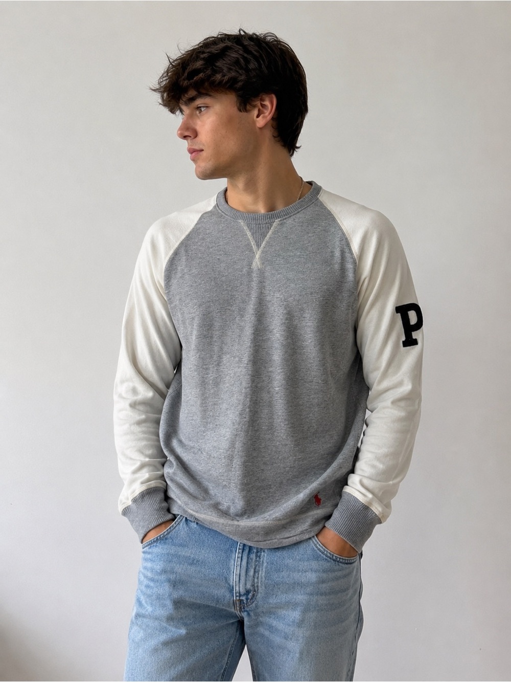 Polo Ralph Lauren Mens Medium Gray White Raglan Sweatshirt Logo Pullover